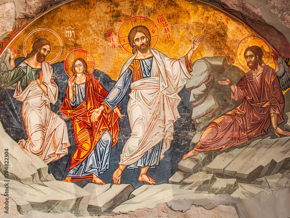 Religious artwork showing Jesus emerging from a tomb during the Resurrection, with a glowing aura.
