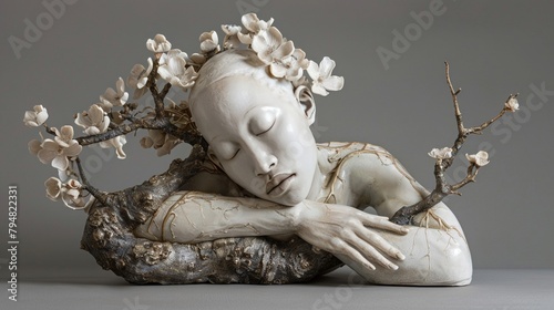 A serene portrayal of a figure sculpture wrapped in the delicate embrace of blossoming branches emphasizing themes of nature and human connection