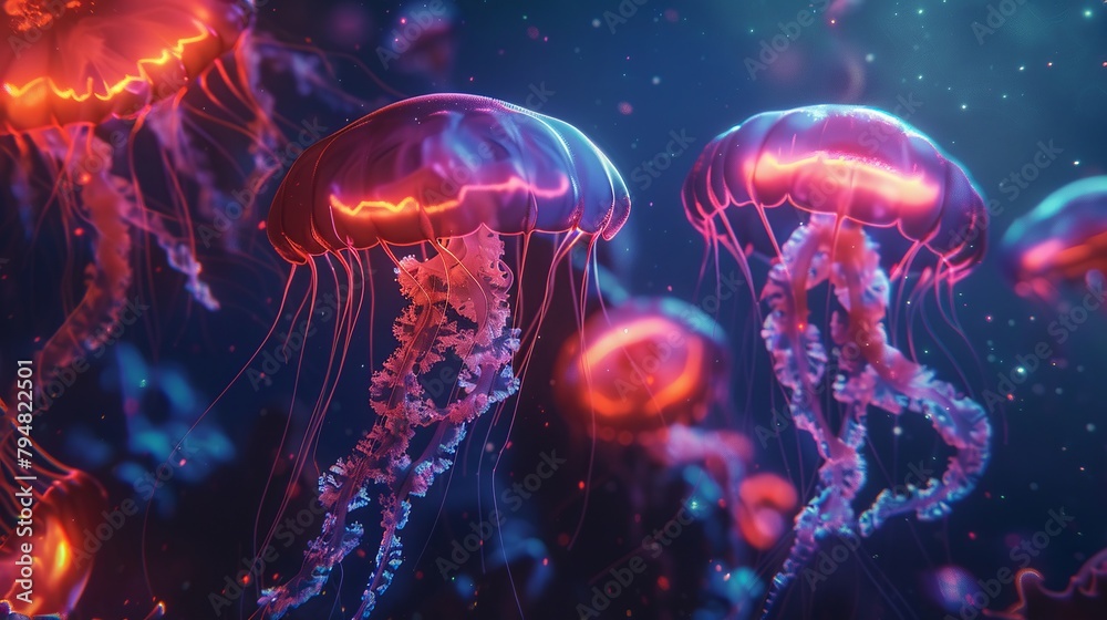 A surreal portrayal of glowing jellyfish their neon lights dancing through the deep sea crafted for immersive underwater or environmental artworks
