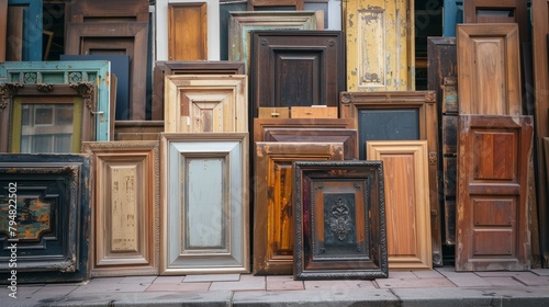 Luxurious wood cabinet doors, from contemporary to vintage, lined up in a market display photo