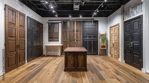 Market display featuring an array of wood cabinet doors, where contemporary style meets vintage luxury