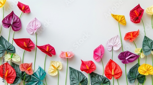 A vibrant display of handcrafted anthurium flowers made from colorful paper arranged artistically against a white background with ample copy space photo