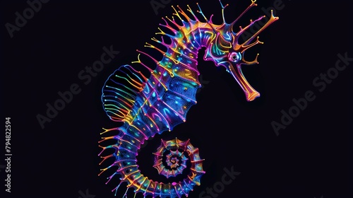 A vivid depiction of a neon seahorse illuminated in bright colors against a black background emphasizing the unique marineinspired design photo