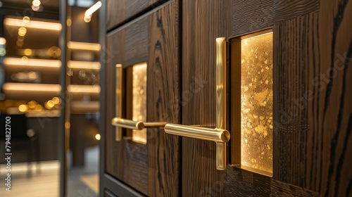 Market display of high-end wood cabinet doors, the golden handles catching light and attention
