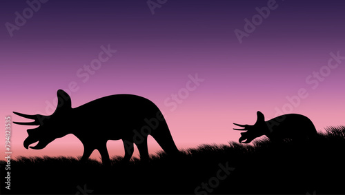 triceratops in a field, flat color illustration