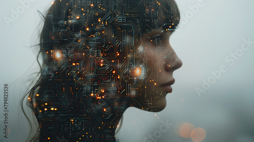 Futuristic circuit mind concept with tech-forward business image, person's focused profile overlaid with a computer circuit board © VisionCraft