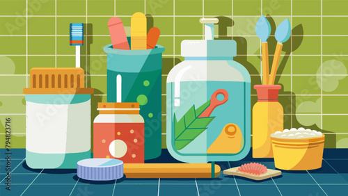 A bathroom scene with a glass jar containing homemade toothpaste bamboo toothbrushes and bars of soap instead of plastic containers.