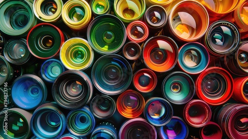 An artistic composition of colorful camera lenses arranged in a creative pattern.  photo