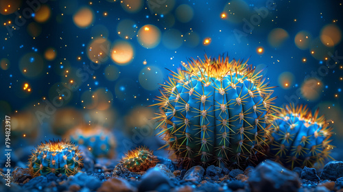 A delicate glowing cactus under a starry background with bokeh © VisionCraft
