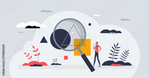 Diversity metrics or DEI as workforce demographics data analysis tiny person concept. Team gender, cultural and race differences as engagement and inclusive practices research vector illustration.