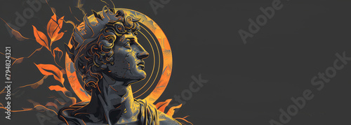 Helios Helius ancient Greek religion and mythology banner with Copy space. The god who personifies the Sun. He is often given the epithets Hyperion the one above and Phaethon the shining. photo