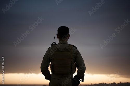 Soldier guarding the horizon at sunset