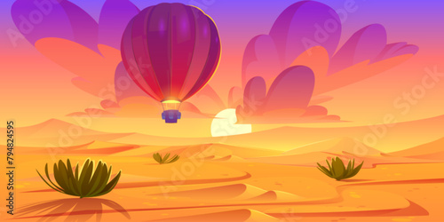 Hot air balloon and sunset desert landscape scene. Wild west horizon illustrated design. Beautiful sahara valley with sun in pink and orange sky summer banner. Arabian sand hills game illustration