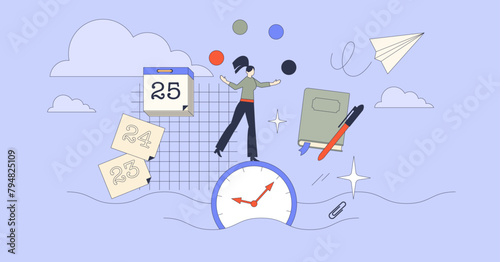 Essence of time management and work productivity tiny person neubrutalism concept. Effective and productive task organization with deadlines and focus to business goals vector illustration. © VectorMine