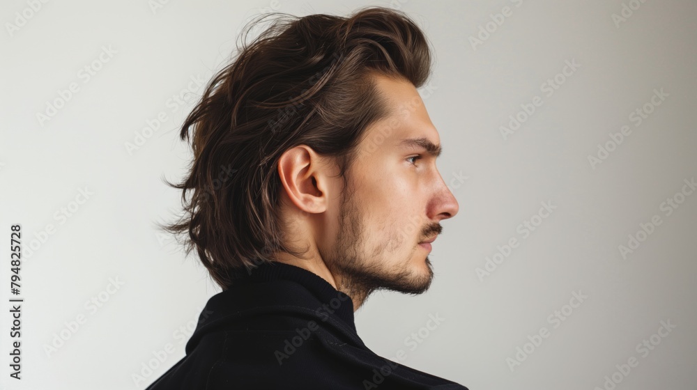 Portrait of a man with a stylish modern side part haircut against a white background. Portrait of a man with a stylish modern side part haircut against a white background.