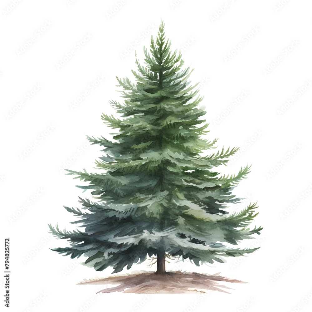 Watercolor pine tree isolated on white background. Hand drawn illustration.