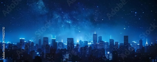 Cityscape in shades of blue with a starry night sky.