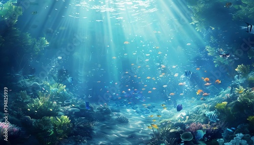 Underwater scene with a coral reef, various species of fish, sunlight rays shining through the water.