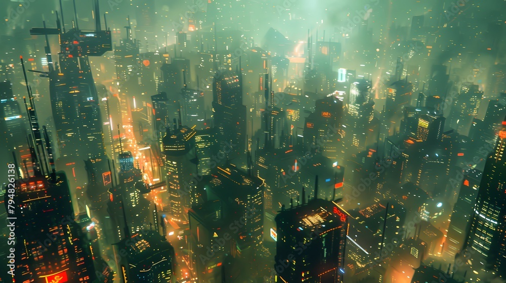 A sprawling futuristic city bathed in a hazy golden glow, with skyscrapers piercing the misty atmosphere, Digital art style, illustration painting.