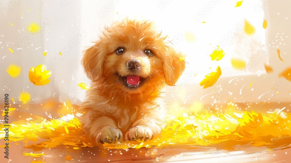 A cute golden retriever puppy is sitting in a pile of autumn leaves. The puppy is smiling and looking at the camera. The leaves are falling around the puppy.