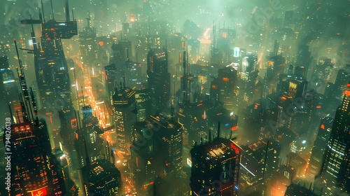 A sprawling futuristic city bathed in a hazy golden glow, with skyscrapers piercing the misty atmosphere, Digital art style, illustration painting.