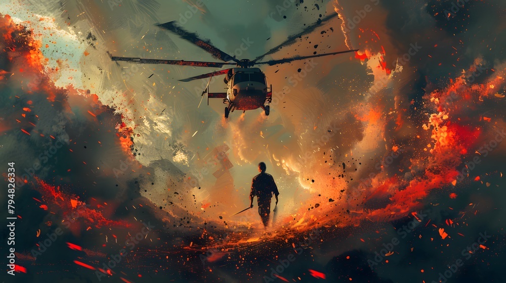 A lone hero makes a stand amidst a raging inferno as a helicopter descends through the fiery chaos, creating a scene of suspense and action, Digital art style, illustration painting. - obrazy, fototapety, plakaty 