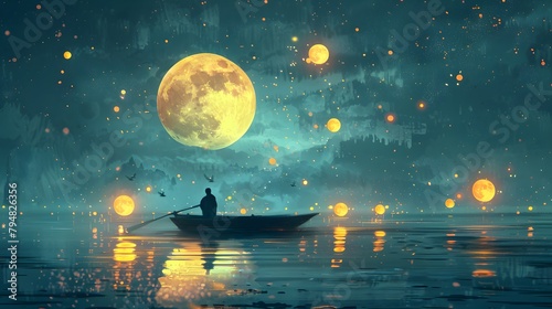 In a serene nocturnal setting, a solitary boatman rows under a captivating sky adorned with an oversized moon and glittering orbs of light, Digital art style, illustration painting. photo