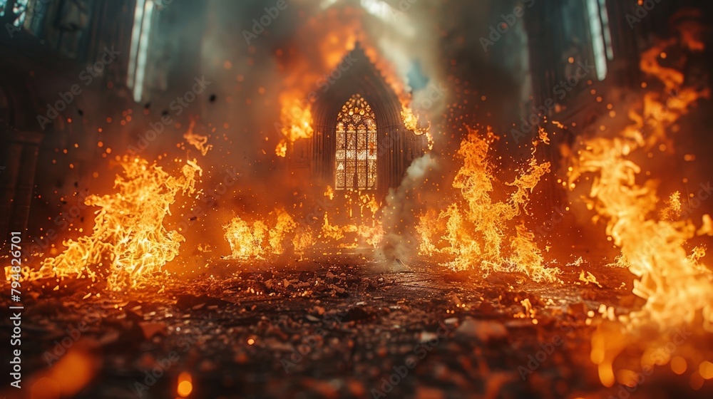 A fire is burning in a church, Generative AI