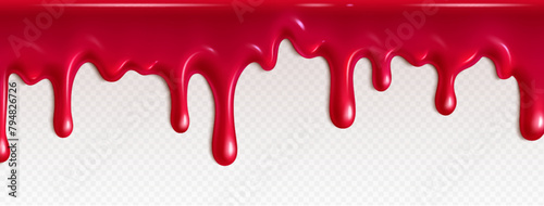 Red jam drip. Strawberry syrup liquid flow texture. Melt raspberry jelly fluid design. Isolated sweet pink realistic marmalade molten border. Falling wave effect with tasty dessert stream flowing photo