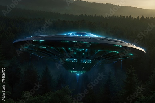 A green alien spacecraft with a pulsing blue energy field emitting from the center