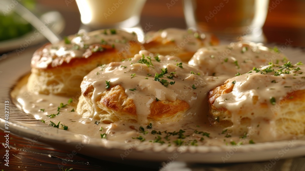 Tempting plate of biscuits and gravy, epitomizing Southern comfort food, elegantly presented on an isolated background, studio lighting Tempting plate of biscuits and gravy, epitomizing Southern comfort food, elegantly presented on an isolated background, studio lighting