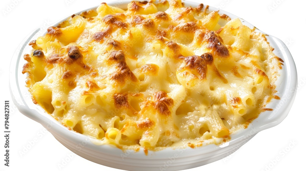 Sumptuous top view of baked macaroni enveloped in creamy cheese, photographed with studio precision, on an isolated background Sumptuous top view of baked macaroni enveloped in creamy cheese, photographed with studio precision, on an isolated background