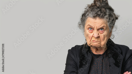 old woman with Disgust: Nose wrinkles, lip curls, revulsion evident, recoiling in distaste photo