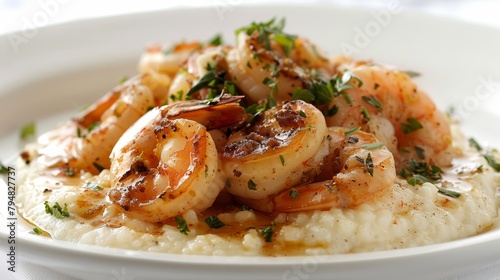 Sumptuous serving of shrimp and grits, a Southern delicacy, with creamy buttery grits and shrimp, ideal for culinary ads, clean isolated background