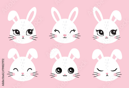Vector illustration of cute white bunny, rabbit, hare. Cutie animal portraits in pastel pink white colors. Stickers, wall art, kids room decoration, easter decoration, print, design, decor, poster. 