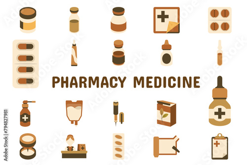 Pharmacy Medicine Flat Vector Illustration Icon Sticker Set Design Materials