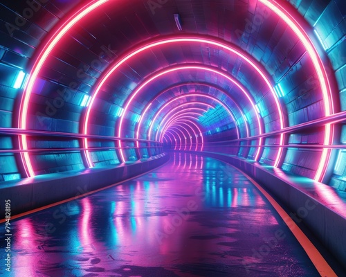 Neon light trails in a futuristic tunnel