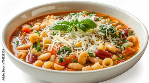 Sumptuous bowl of Minestrone, brimming with seasonal vegetables, beans, and pasta, garnished with herbs and Parmesan, isolated on white, studio lighting