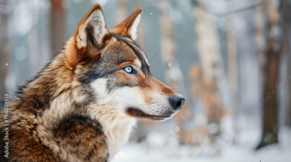 A portrait of a brown and grey wolf with bright blue eyes A portrait of a brown and grey wolf with bright blue eyes