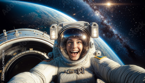 happy astronaut in space working on a space station