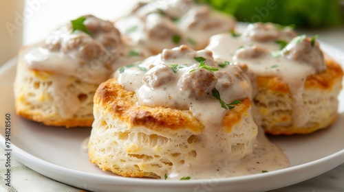 Sumptuous and fluffy biscuits drenched in creamy sausage gravy, a staple of Southern cuisine, perfect for food photography, isolated set