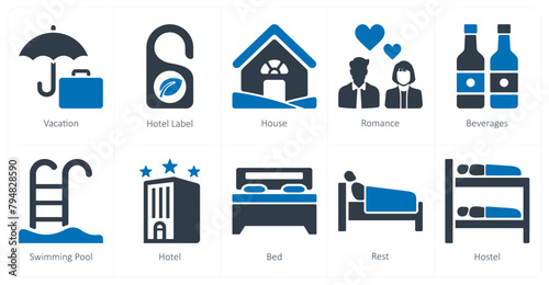 A set of 10 Travel and vacation icons as vacation, hotel label, house