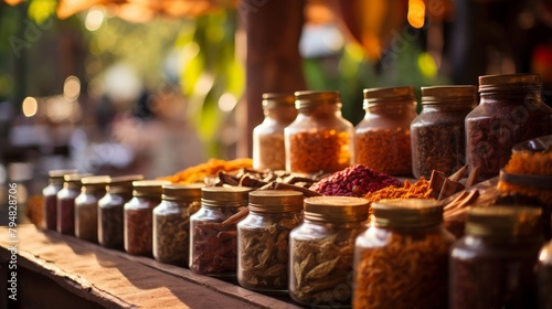 A colorful array of jars filled with various spices displayed on a table