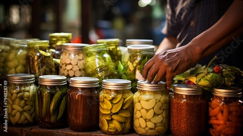 A person delicately picks up a jar of pickled vegetables in a rustic setting