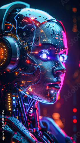 An artificial intelligence robot with headphones and colorful glowing elements on a dark background © Adrian Grosu