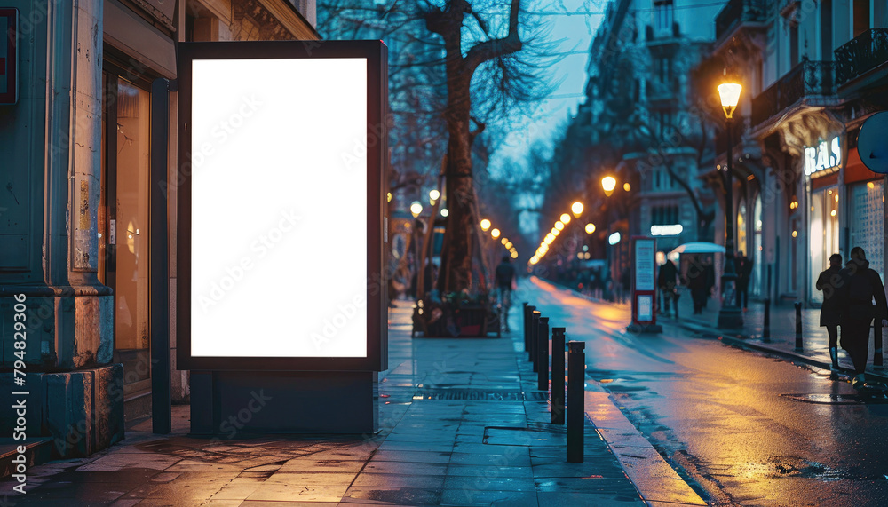 A large white billboard sits on a wet sidewalk in a city by AI generated image A large white billboard sits on a wet sidewalk in a city by AI generated image
