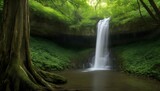 A tranquil waterfall flowing through a sacred grov upscaled 2