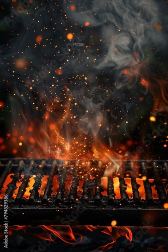 Fiery sparks and smoke overlay on a transparent background, depicting realistic grill heat glow and flying orange sparkles in a vector illustration
