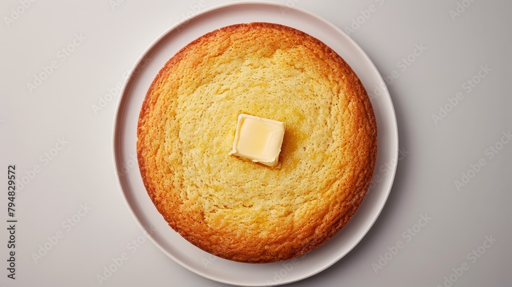 Premium look at cornbread from above, showcasing its moist crumb and sweet taste, ideally served with a pat of butter, clean isolated backdrop - obrazy, fototapety, plakaty 
