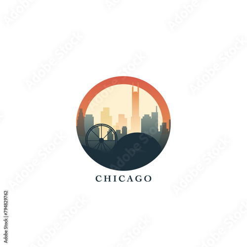 Chicago cityscape, vector gradient badge, flat skyline logo, icon. USA, Illinois state city round emblem idea with landmarks and building silhouettes. Isolated abstract graphic